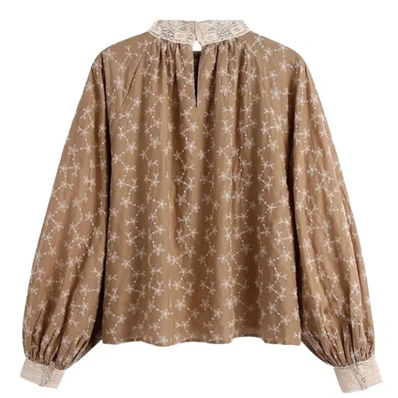 NEW Zara Beige Peasant Blouse with Balloon Sleeve Embroidered High Neck Blouse - Picture 8 of 8